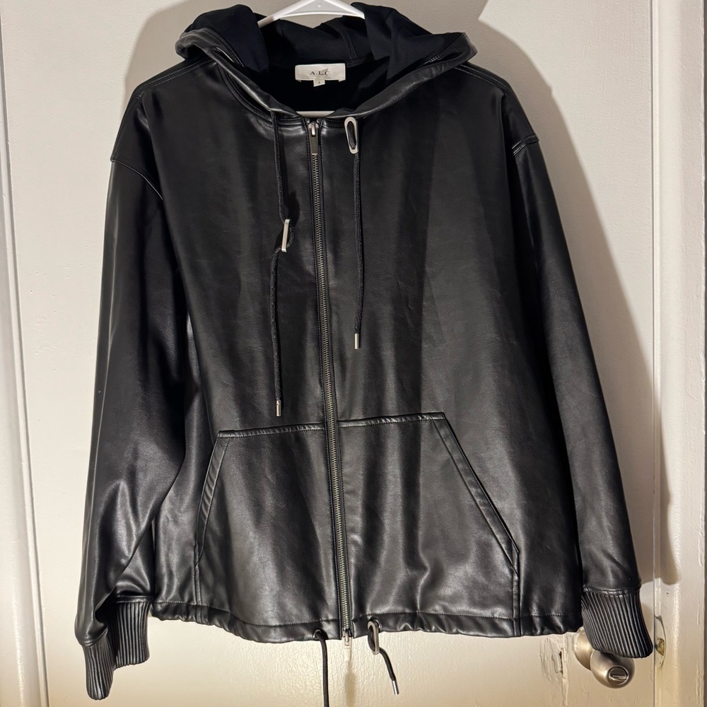 A.L.C. Hooded Faux Leather Full Zip Jacket Size Small in Solid Black - Picture 2 of 8